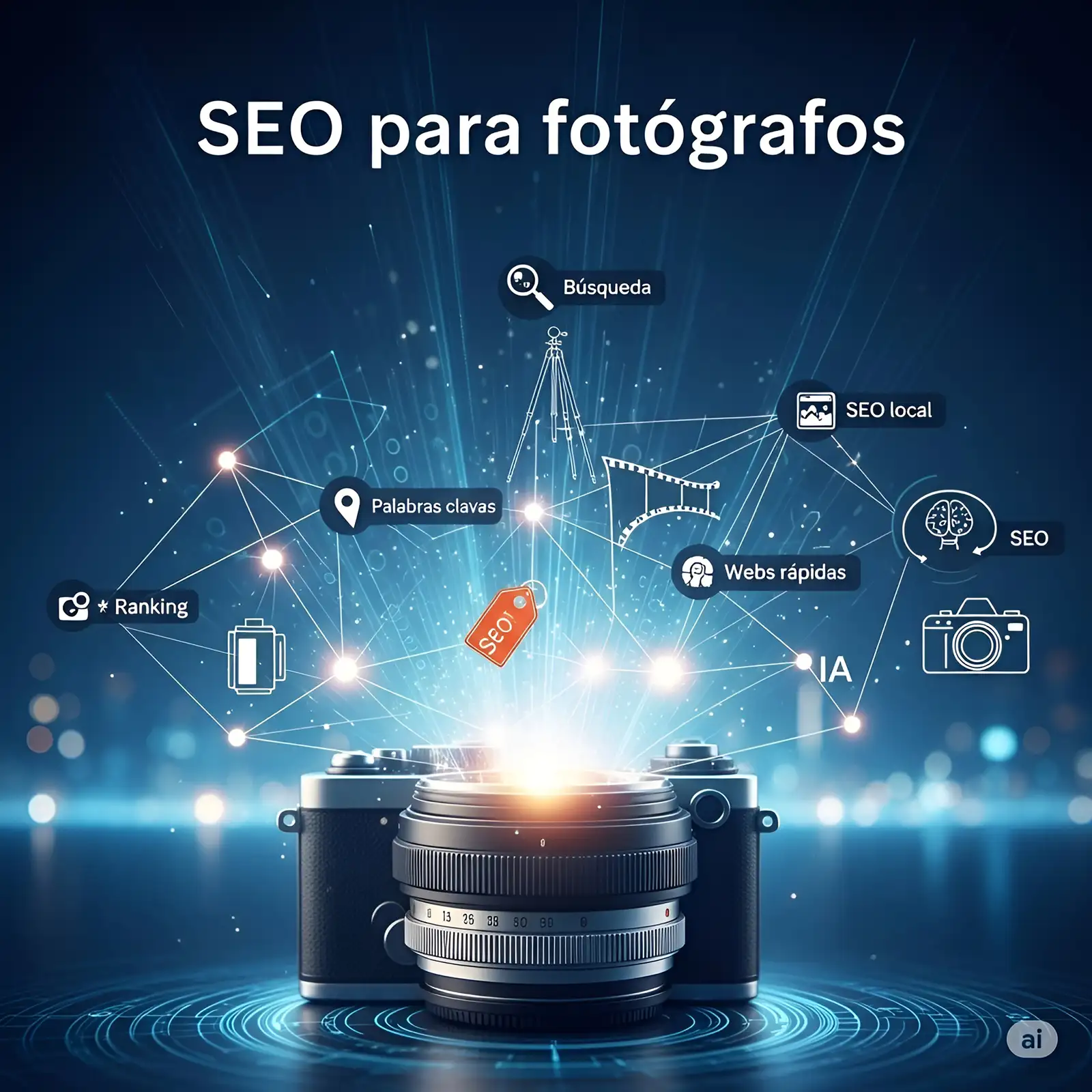 Ilustración que muestra algunos de los elementos más importantes del SEO para fotógrafos.